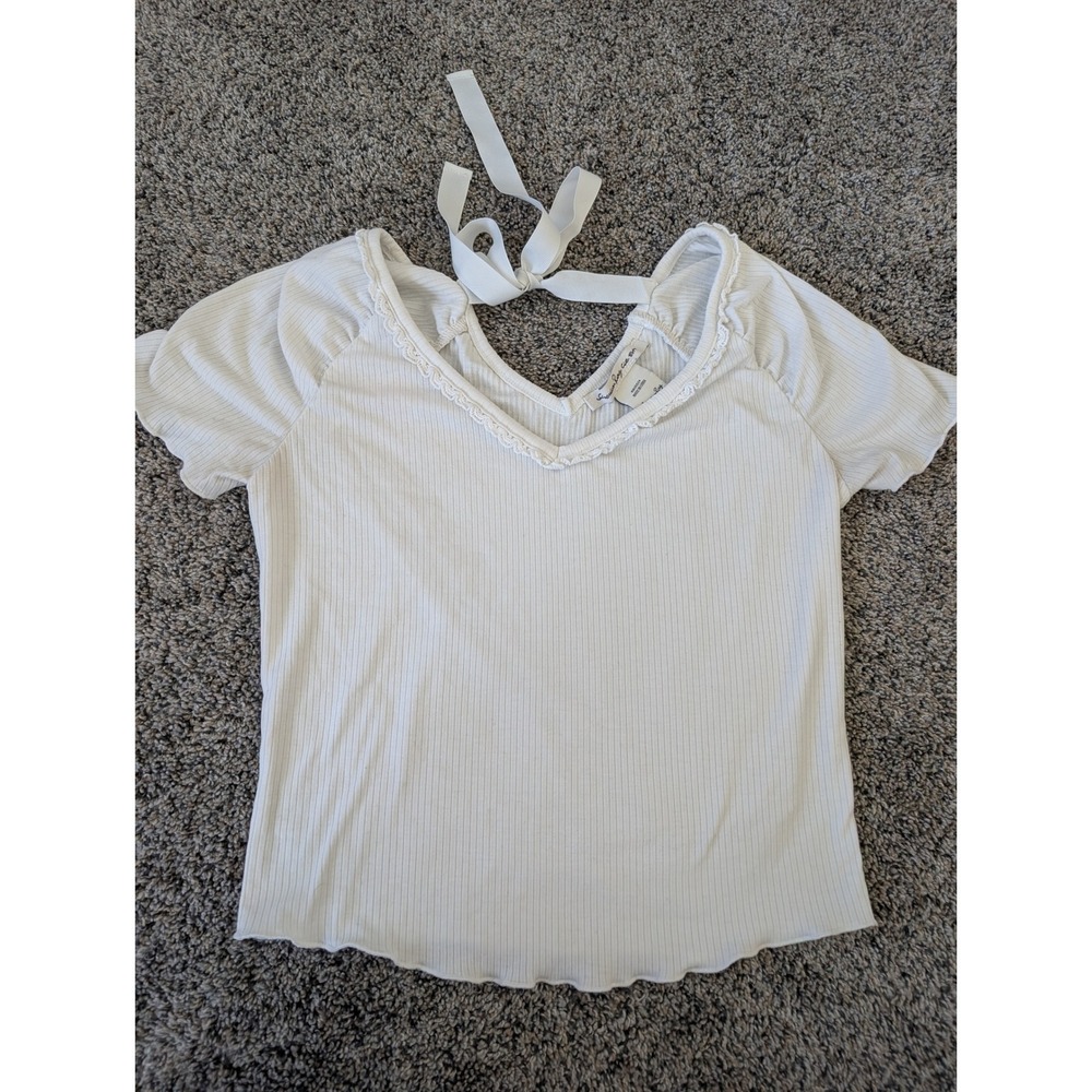 American Rag Cie White Ribbed Lace Trim V-Neck Top with Back Ribbon Tie XS